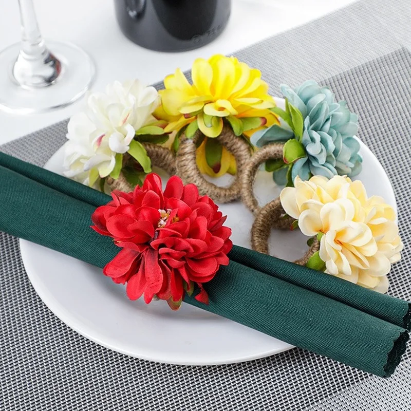 4pcs/pack Flower Napkin Ring Napkin Holder Dinner Table Decorations Wedding Valentine\'s Banquet Lily Chrysanthemum Rings