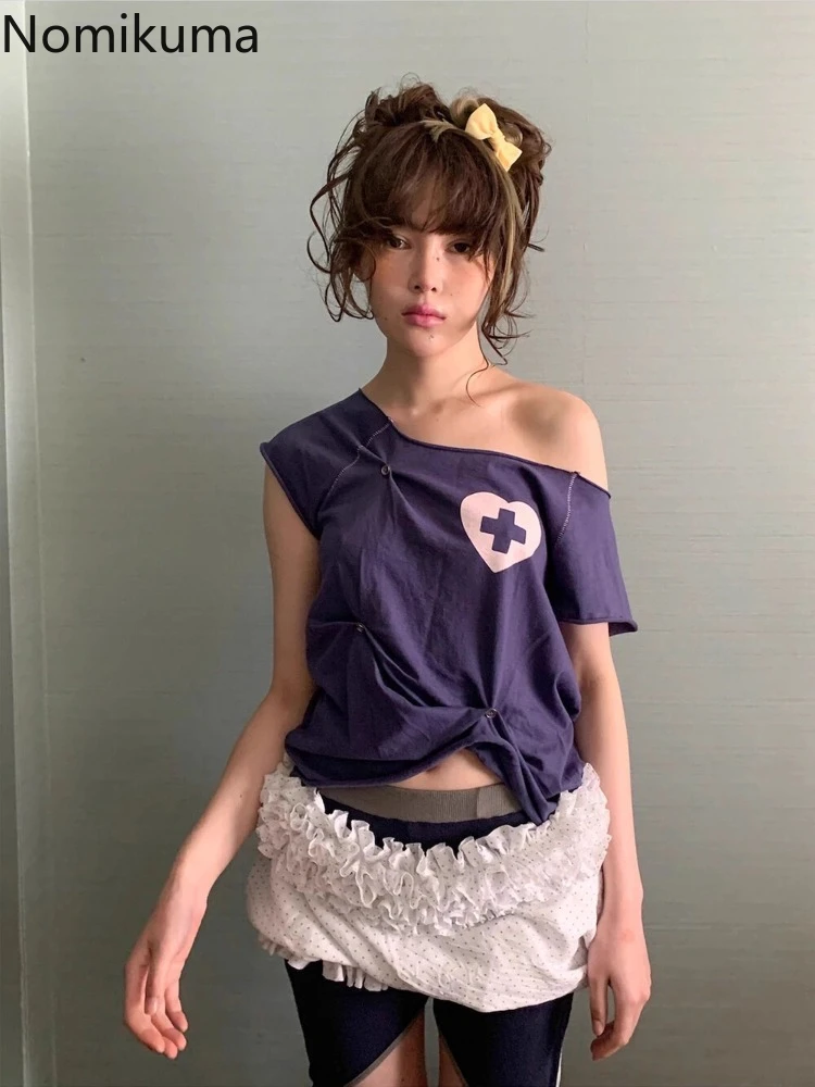 

2025 Ropa Mujer Print T Shirts for Women Print Short Sleeve Tees Off Shoulder Sexy Y2k Tops Chic Casual Tshirt Summer Camisetas
