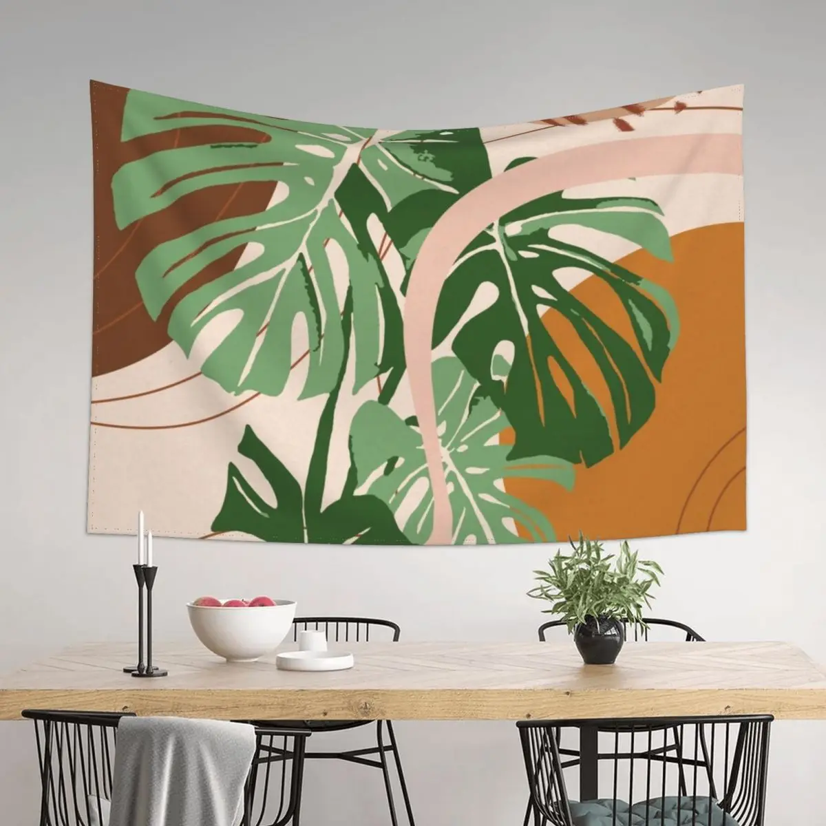 

Mid Century Modern Plant Art, Abstract Monstera Illustration Tapestry Room Decorator Hanging Wall Korean Room Decor Tapestry