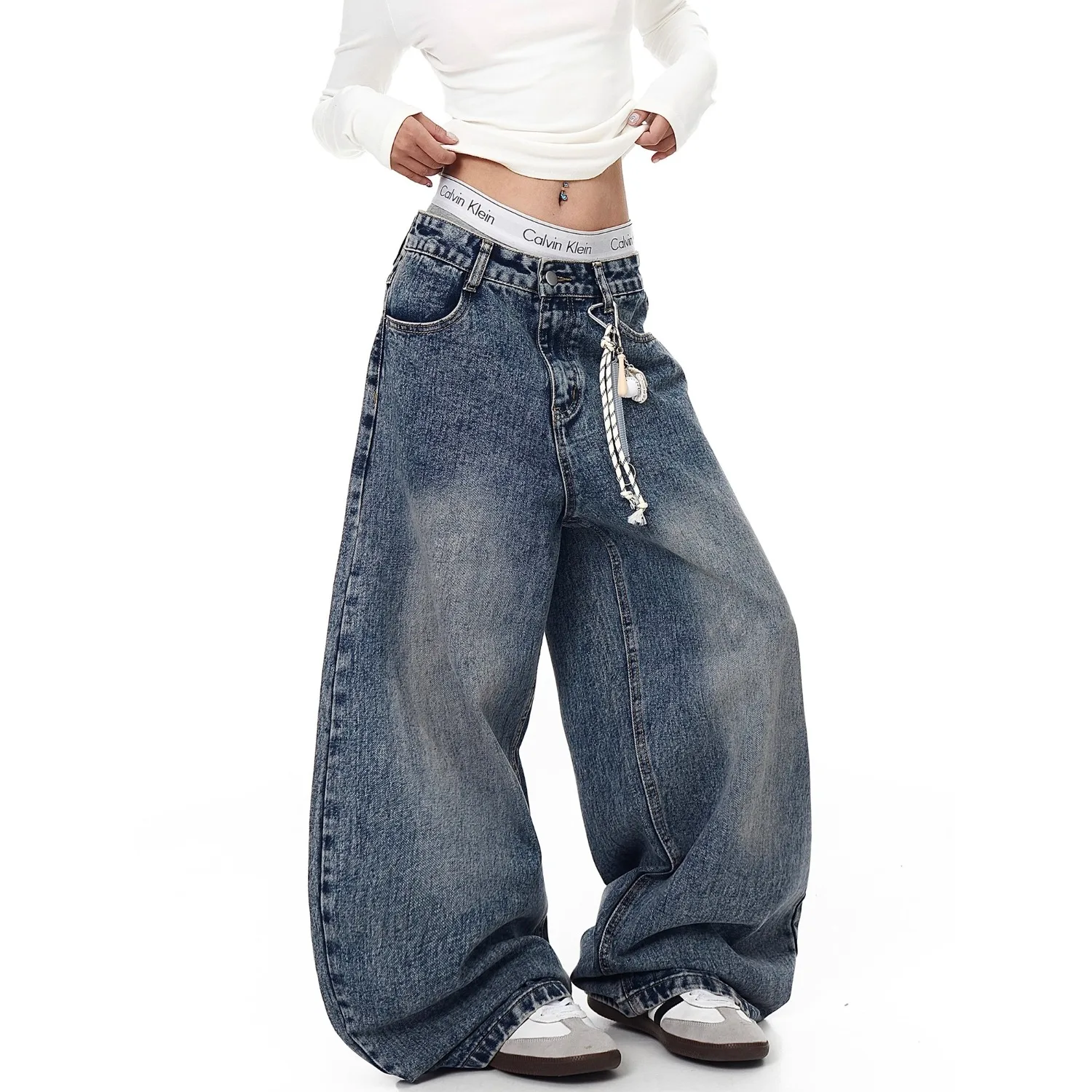 جينز ريترو أمريكي مغسول بحافة سكين من قماش الدنيم، تصميم ربط مخطط واسع الساق مقاوم للرجال والنساء