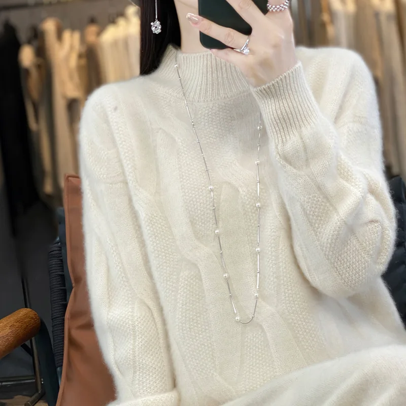 

2023 Autumn Winter New Woolen Sweater Women's Half High Neck Long Sleeve Pullover Loose 100% Pure Wool Jacquard Solid Color Knit