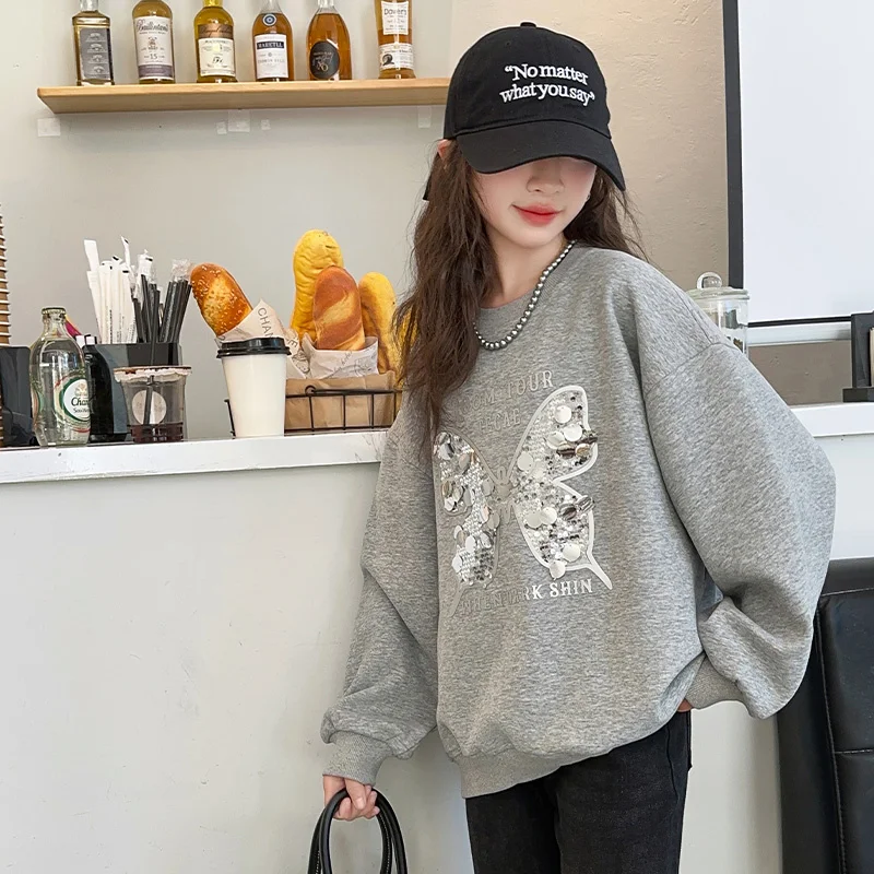 New Autumn Kids Butterfly Sweatshirt for Girls Fashion Pullover Coat Baby Sequin Sweatshirts for Girls 5 6 7 8 9 10 11 12 13 14Y