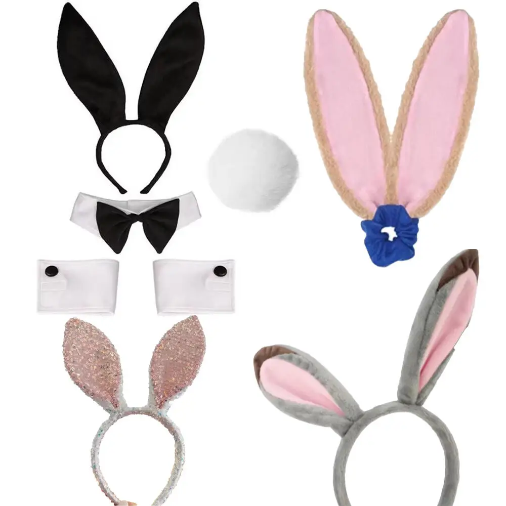 Bunny Girl Headband Cosplay Rabbit Ear Grey Rabbit Plush Earrings Headdress Bendable Earrings Hair Bands Christmas Gift Dress Up