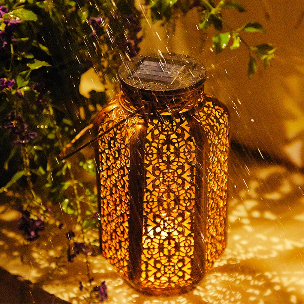 Led Solar Light Solar Hanging Lantern Retro Solar Iron Art Lantern Decorative Vintage Pathway Lamp Outdoor Metal Hollow Light image 4