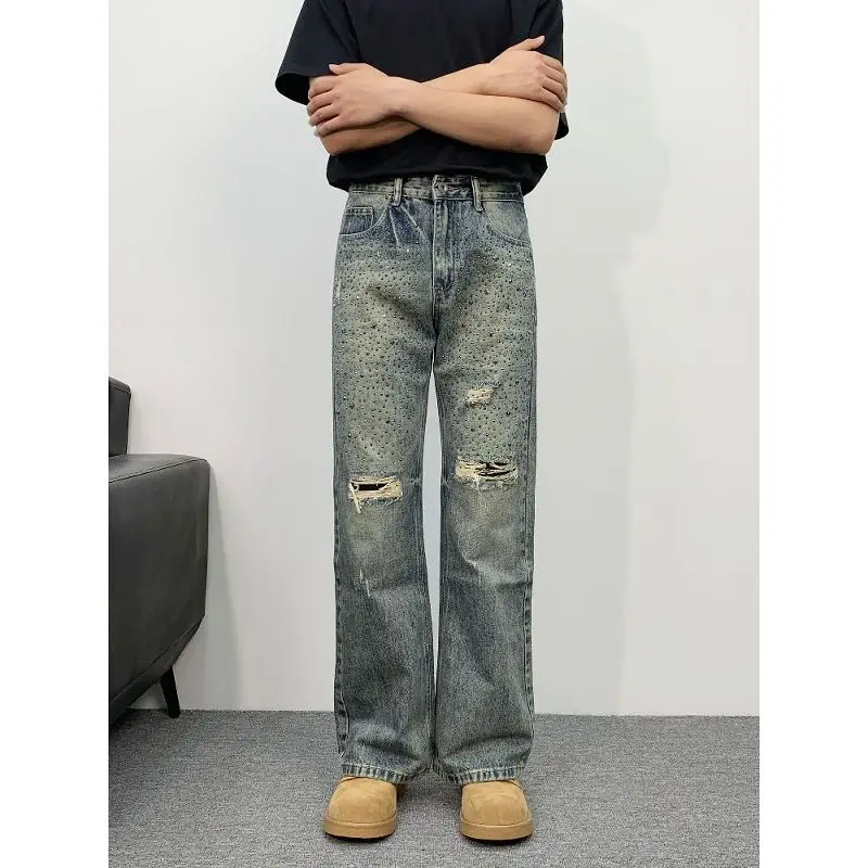 Men's Punk Style Street Distressed Design Jeans High Waist Vintage Pants Boy Bottoms Spring Sweatpants Male Straight Trousers