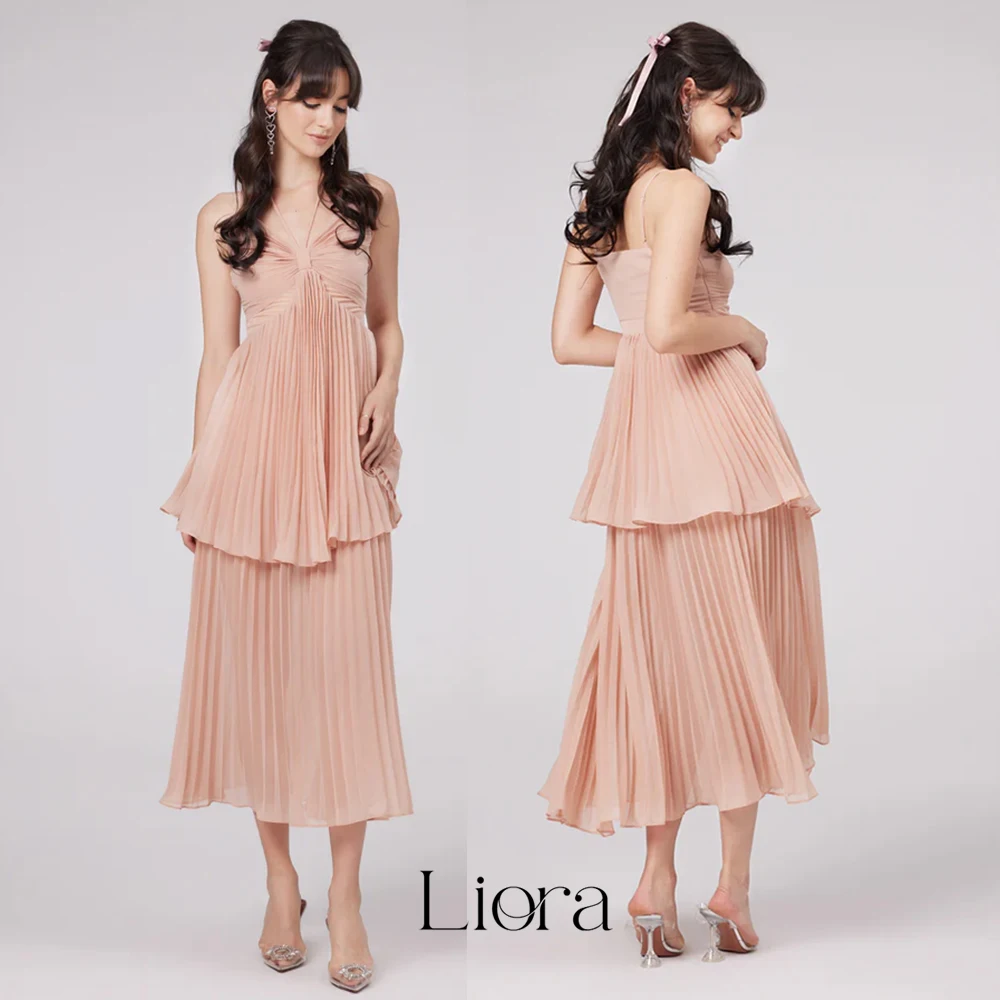 Liora Customized Two Tier Pleated Chiffon Bridesmaid Dress Halter Twist Front Spaghetti Strap Midi Wedding Guest Gown