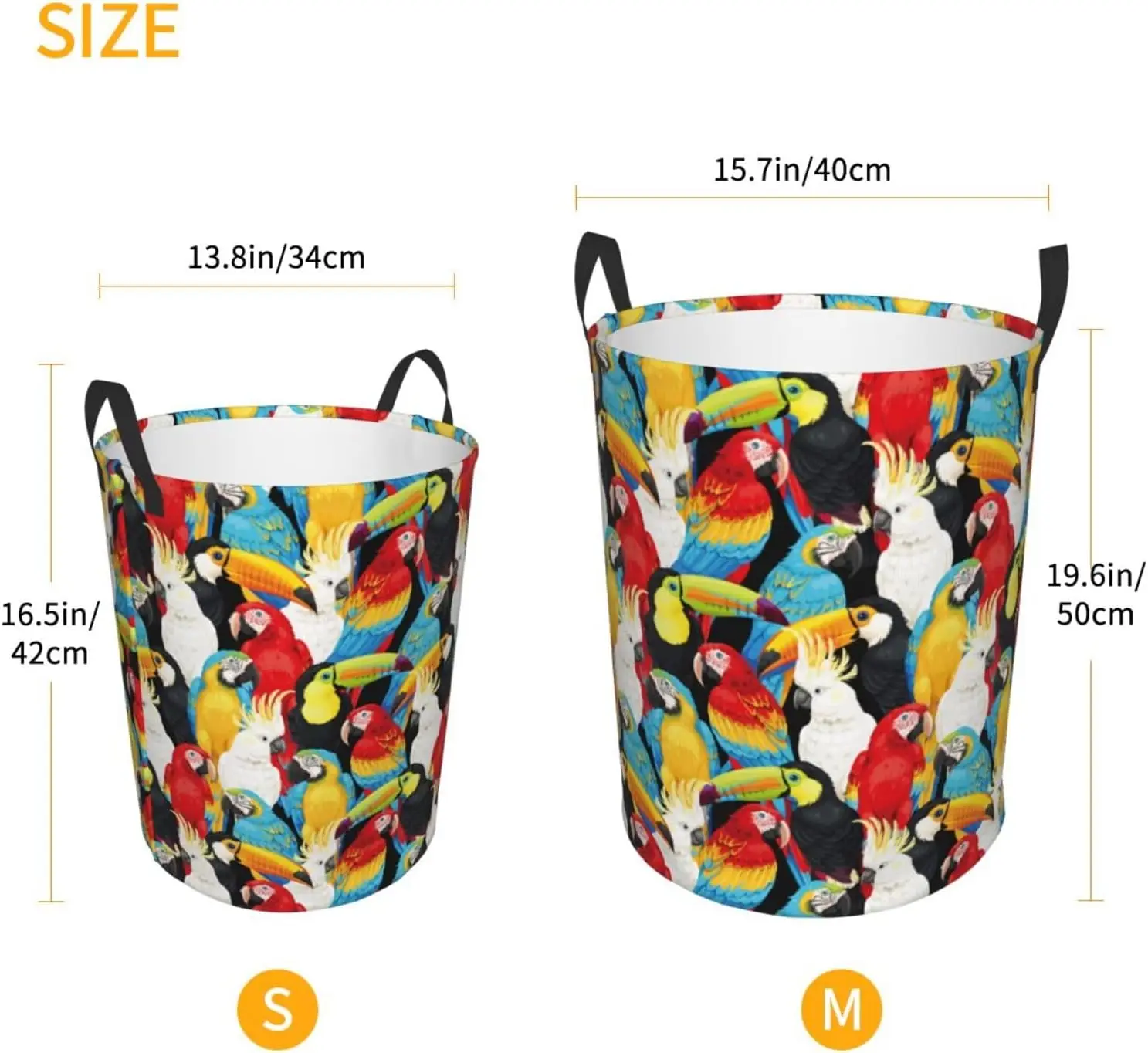 Round Laundry Basket with Handles Colorful Parrot Toucan Cockatoo Baby Kids Dirty Clothes Laundry Hamper
