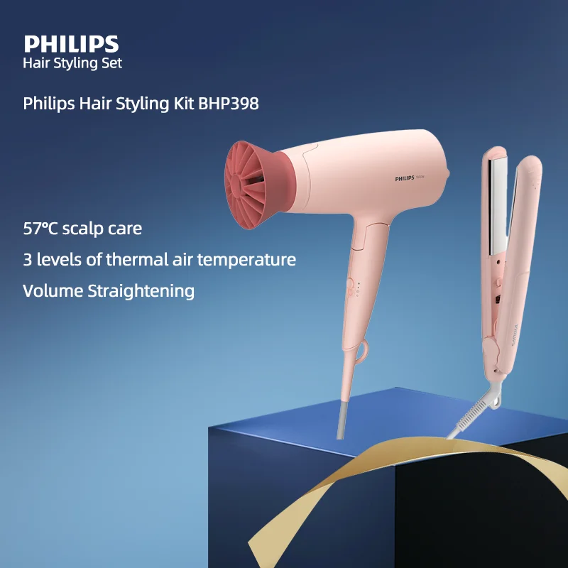 PHILIPS-secador de pelo BHP398/05 + rizo recto, varita de doble propósito, alta potencia, temperatura constante, juego de combinación de rizador para el cuidado del cabello