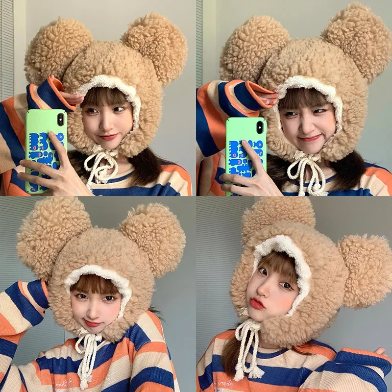 New Fashion Big-ear Bear Cashmere Bomber Hats Women Fluffy Hat with Ears Autumn Winter Cute Pullover Earmuffs Warm Cap Bandage