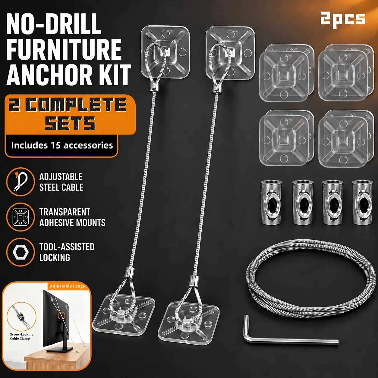 2pcs sets Anti-Tip TV Safety Strap Premium Adjustable Anti-Tip Furniture Fastening Kit Secure Easy Install