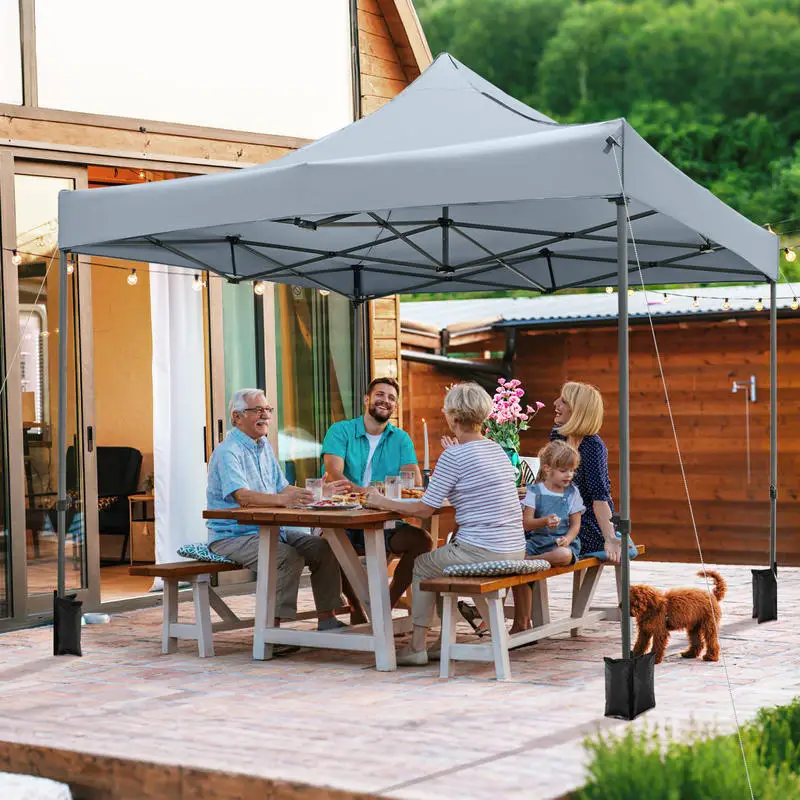 Single 3x3 m Outdoor Pop up Canopy Tent Heavy Duty Carbon Steel Frame Adjustable Height with Wheeled Storage Bag for Parties Markets Grey