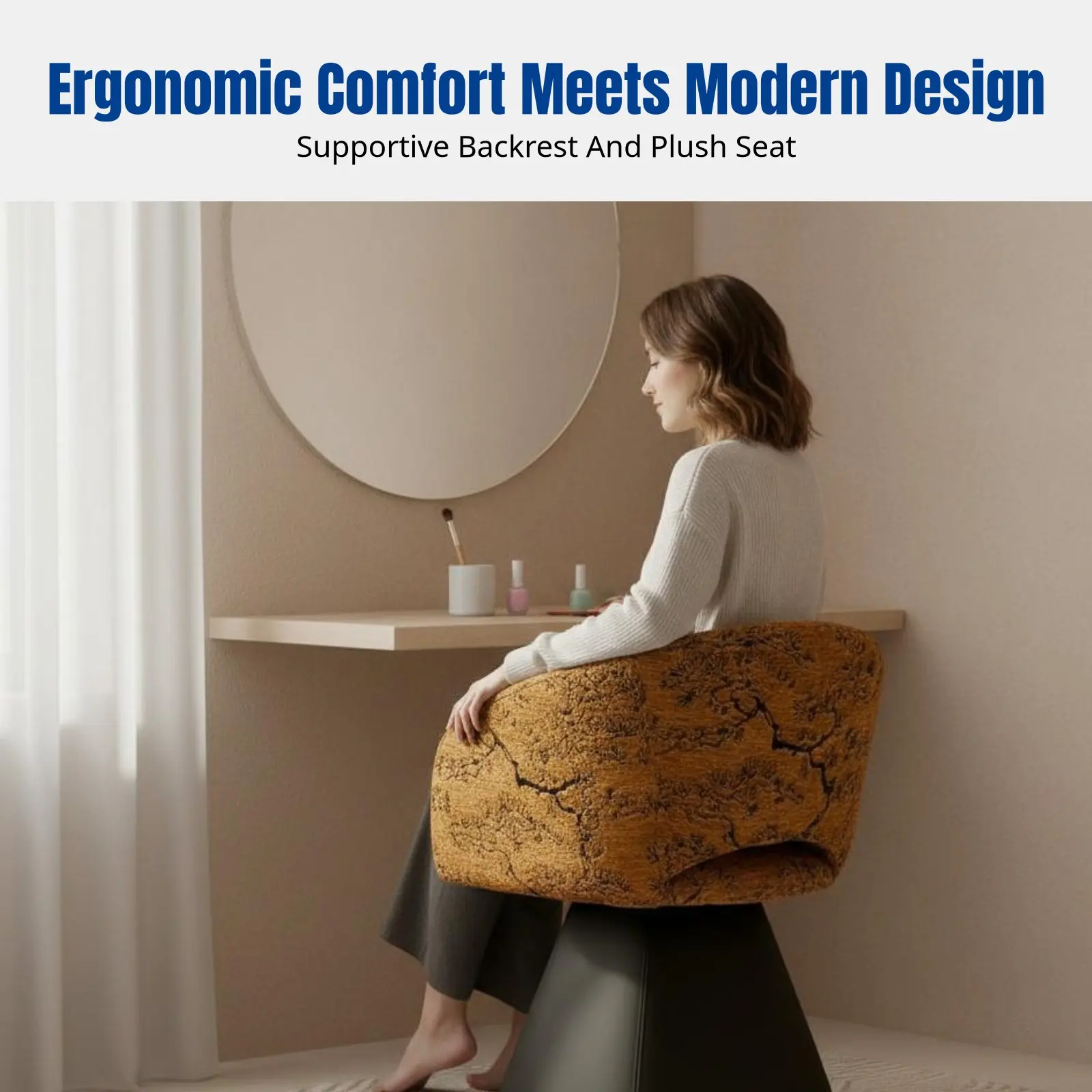 Italian Minimalist Bedroom Vanity Chair, Rotating Makeup Stool, Upholstered, Round Backrest, Modern Luxury, Ergonomic, for Women