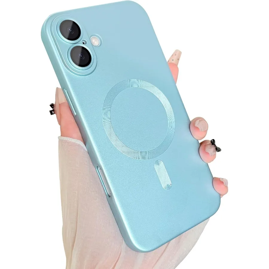 

Slim Shockproof Magnetic Bumper Soft Silicone Phone Case with Camera Lens Protector for iPhone 16 Metallic Lustre Design Blue C