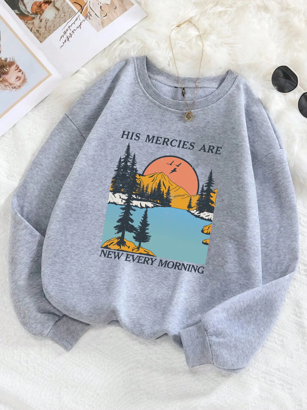 Autumn Womens Pullover Forest And Sunset Printing Hoodie Crewneck Fleece Soft Breathable Sweatshirt Street Female Streetwear