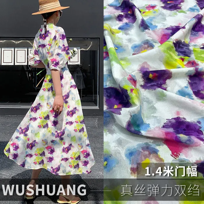 Purple & Blue Abstract Floral Print Silk Stretch Crepe De Chine Fabric Mulberry Silk Material for Dresses 140cm wide blouse