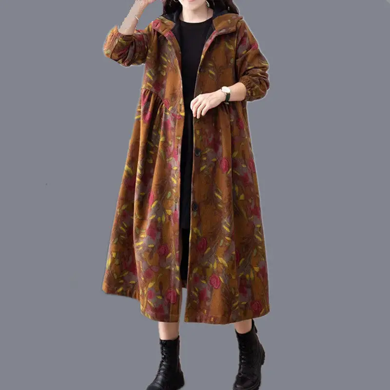 2022 New Plush Hooded Cotton And Linen Windbreaker Women\'s Autumn Winter Jacket Thickened Medium Long Floral Coat Overcoat T1543