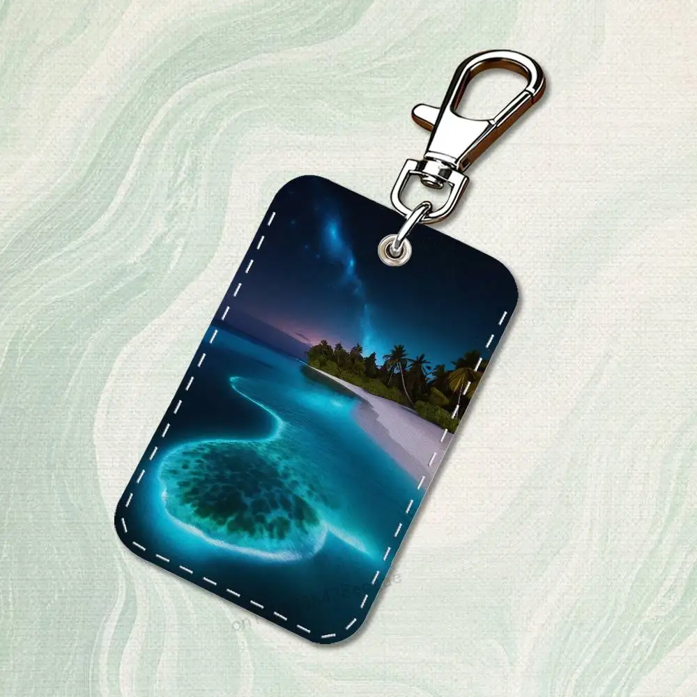Maldives Scenery Art Rectangle Card Case Keychain Access Card Bag Key Tag Ring Leather Card Holder Key Ring Access