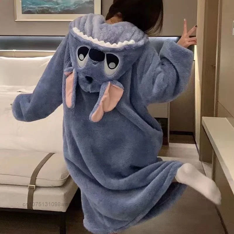 Disney Stitch & Angel Coral Fleece Sleepwear Pajamas for Women Winter Thick Plush Bathrobe for Couples Hooded Long Nightgown