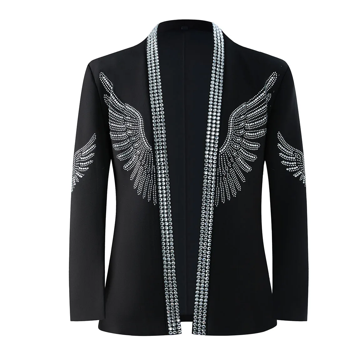 Men Silver Black Wing Rhinestones Blazer Slim Fit Open Front Tuxedo Jacket Singer Stage Performance Wedding Party Suit Coat