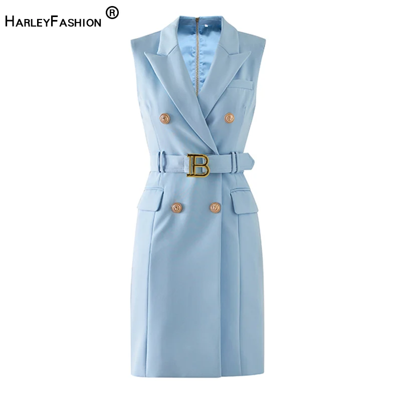 

2023 Sleeveless Sky Blue Summer Tank Office Career Straight Slim Women Dress with Belt Top Quality