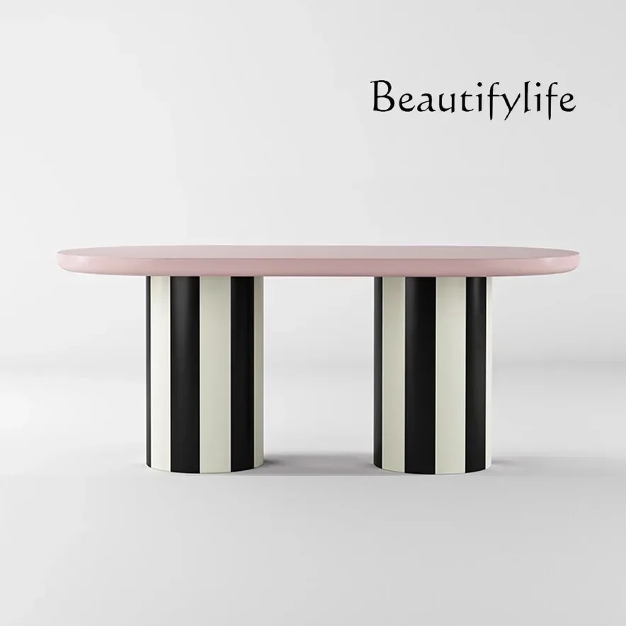 N French medieval cream style dining table solid wood pink rectangular dining table simple and modern
