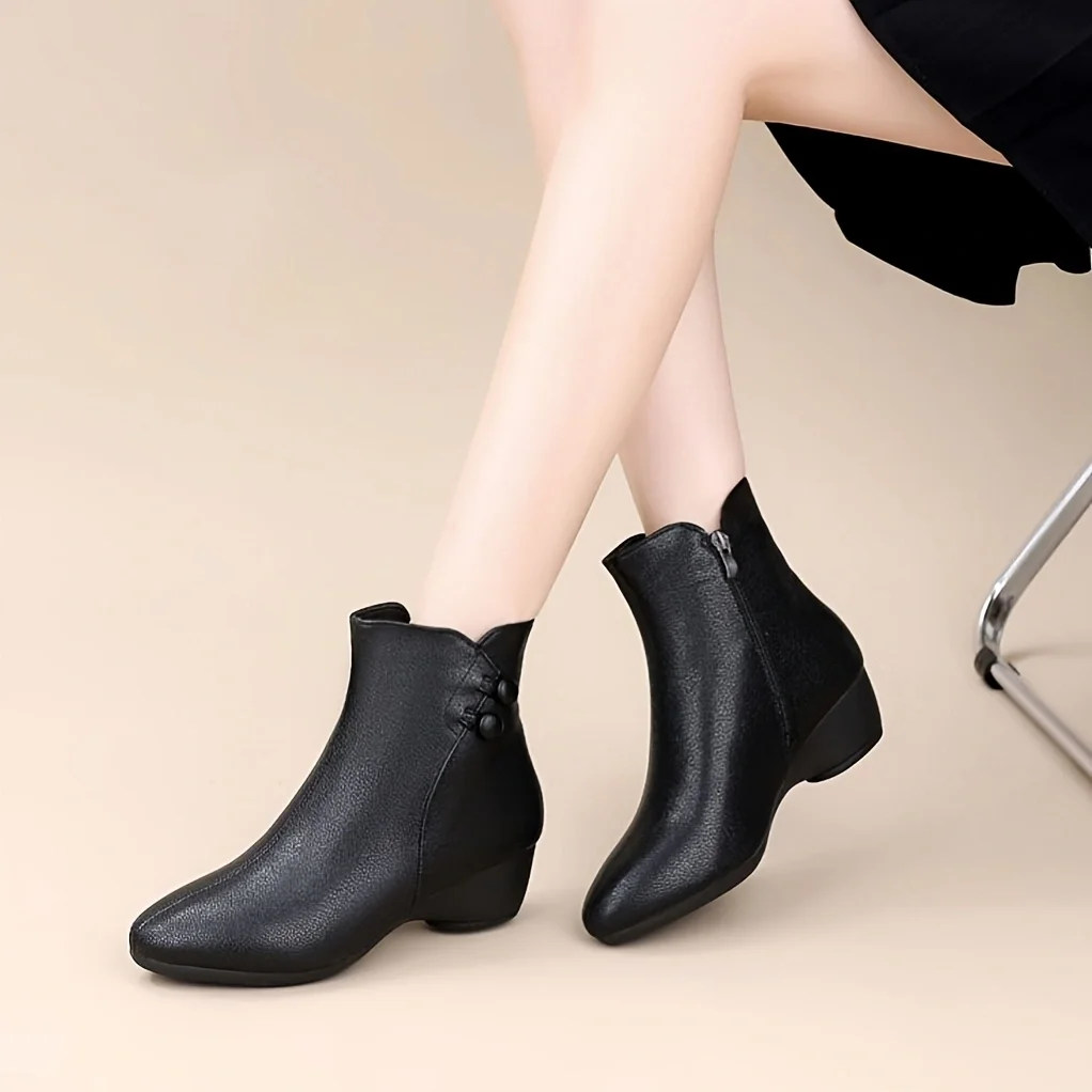 Women Women Mid Wedge Heel Ankle Boots Side Zipper Vintage Button Synthetic Leather Booties Comfortable Pointed Toe Elegant Work Shoes - Aliexpress Deal