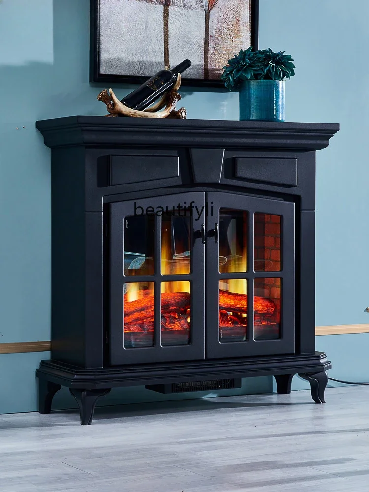 

European Fireplace Simulation Flame Led Heating Mantel Removable Black Mantel