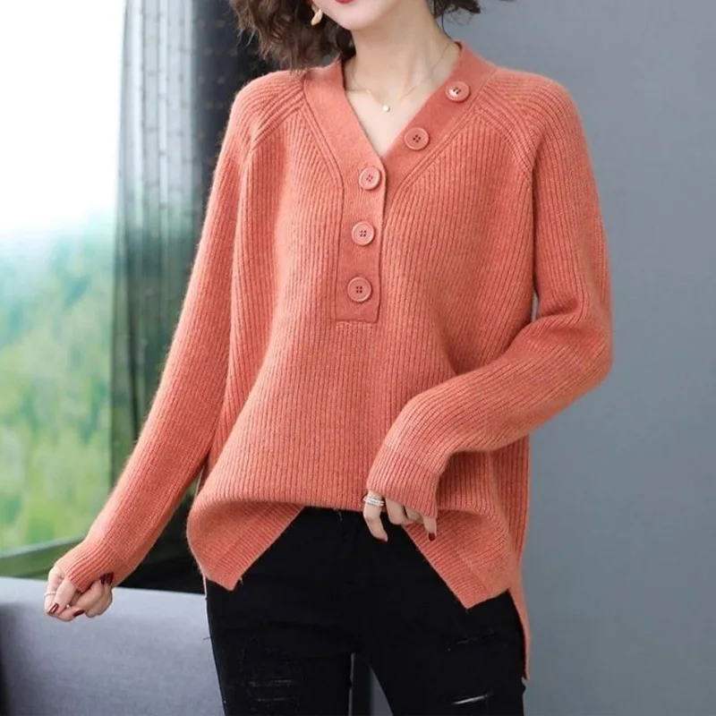 Spring Autumn New Button Patchwork Sweaters Long Sleeve V Neck Loose Solid All-match Pullovers Top Fashion Casual Women Clothing