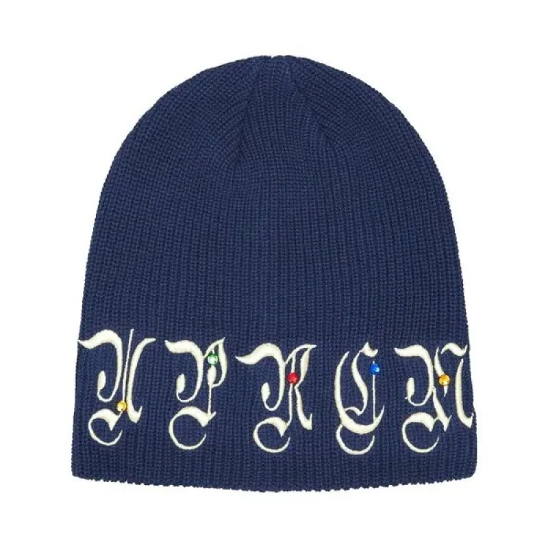 2026 New Arrival Women Y2K Grey Knit Cursive Embroidery Beaded Beanie Streetwear Knit Hat