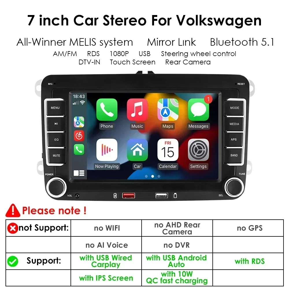 Hizpo 7 inch draadloze CarPlay Android Auto autoradio voor VW POLO GOLF 5 6 Plus PASSAT B6 JETTA TIGUAN TOURAN SHARAN SCIROCCO CADDY Multimedia draadloze Apple CarPlay slimme intelligente systemen IPS