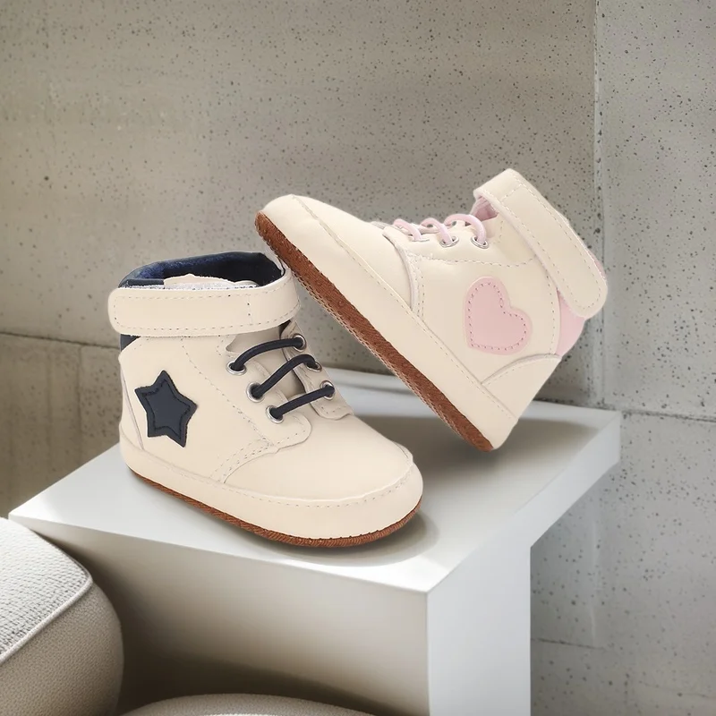 Fashionable High Top Spring And Autumn 0-18M Baby Shoes PU Fabric Sole Anti Slip Casual Sports Shoes Walking Shoes