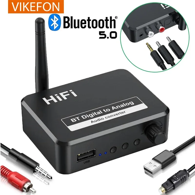 VIKEFON Analog Audio DAC Converter Adapter Digital SPDIF Optical Toslink to 3.5mm 3.5 AUX Jack RCA L/R Bluetooth 5.0 Receiver