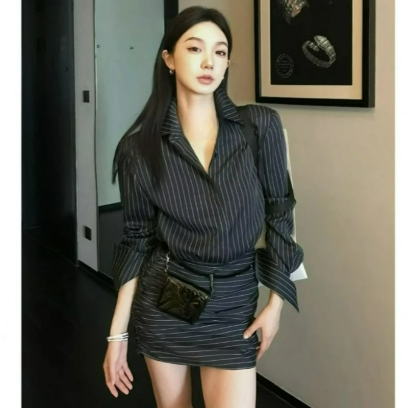 فستان قميص مخطط بأكمام طويلة للنساء 2026 ربيع/خريف نمط جديد الخصر حزام التخسيس ريترو الورك المعانقة فستان #2