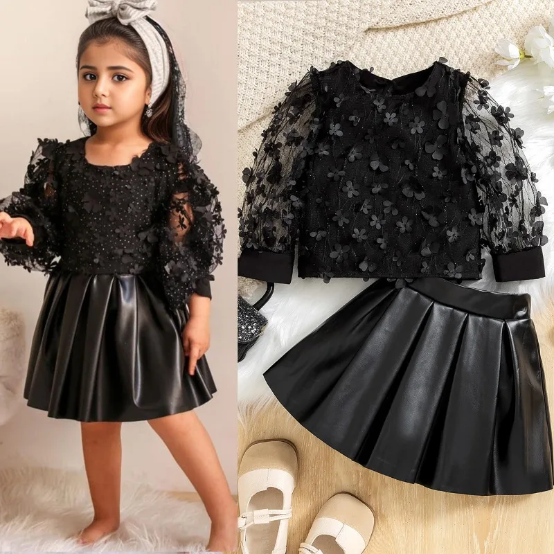 

Детская одежда для девочек, топ с длинными рукавами и 3D вышитыми цветами + юбка из искусственной кожи, комплект одежды из 2 предметов, комплекты юбок принцессы Kawaii, От 2 до 6 лет