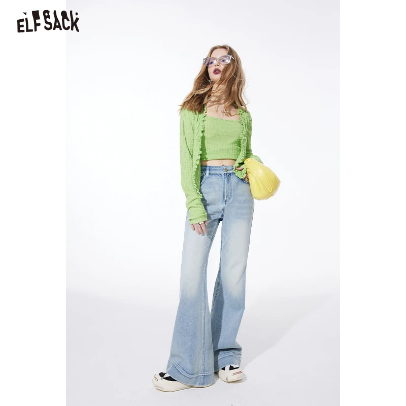 ELFSACK ruffle solid color knitwear cardigan for women 2024 spring new v-neck thin top offcie style pullovers cropped top