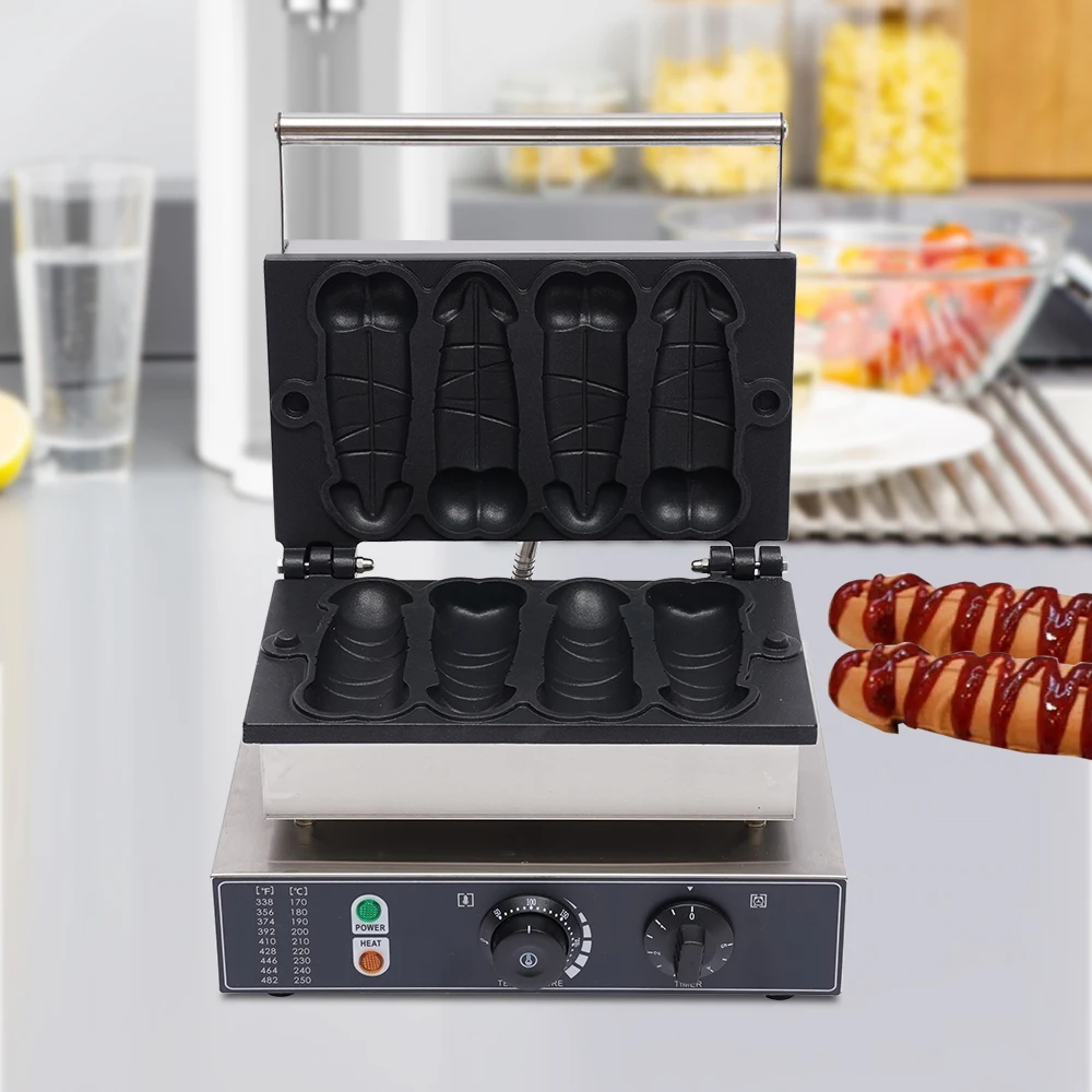 Stainless Steel Waffle Maker Machine 110V 1600W Non-Stick Double-Sided Heating Hot Dogs Sausage Adjustable Time and Temperature