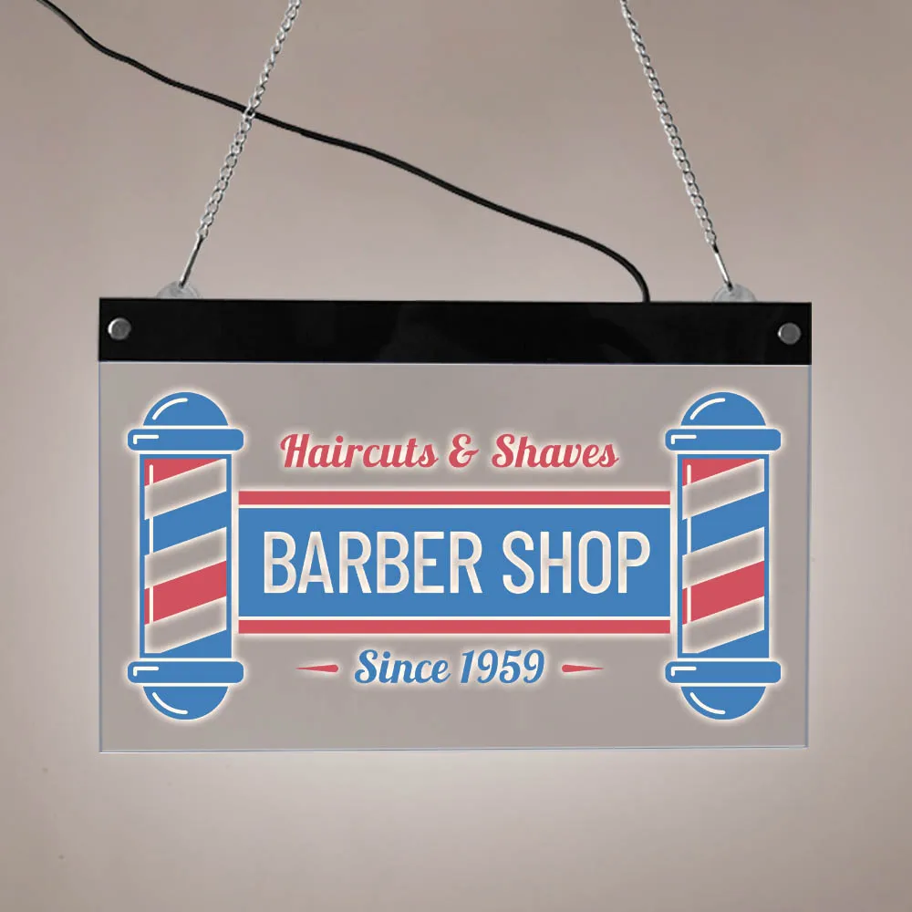 Haircuts & Shaves Barber Shop LED Electronic Lighted Sign Hairdresser Custom Hair Salon Acrylic LED Edge Lit  Barbershop Logo