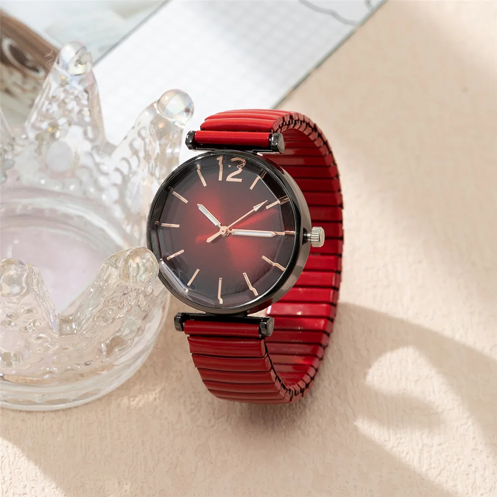 Women Fashion Gradient Colour Round Studded Quartz Watch Casual Stainless Steel Elastic Buckleless Strap Ladies Watches Clock