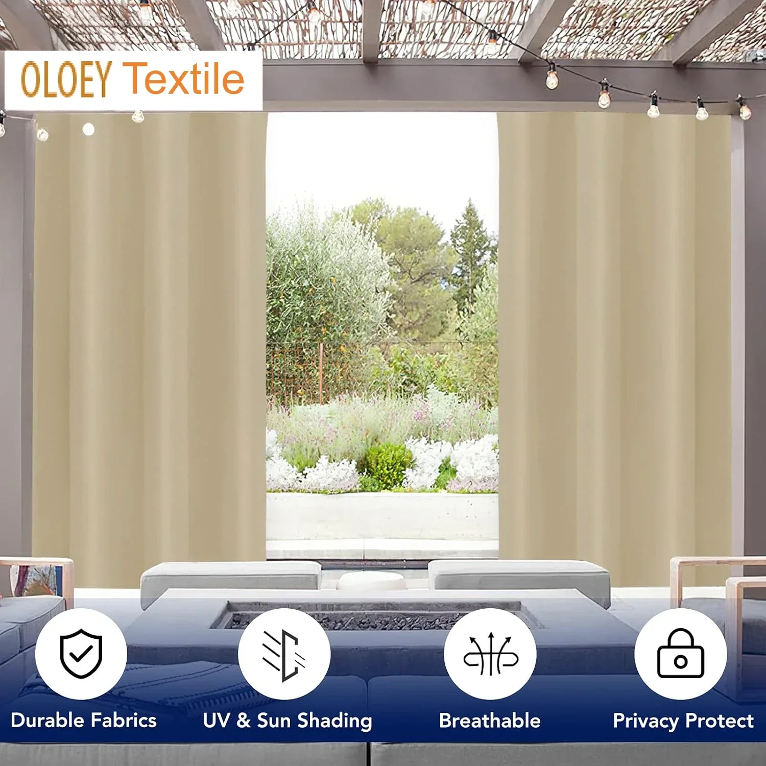Waterproof Outdoor Curtains UV Fade Resistant Polyester Privacy Screens for Garden Patio Pergola Custom Length Wind Protection