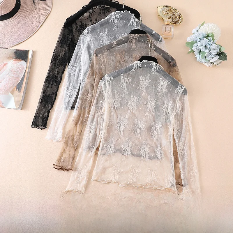 

Spring Summer Lace Base Shirt Women's Super Fairy Long Sleeve Fashionable Sexy Hollow out Mesh Top Floral Pattern Half High C...