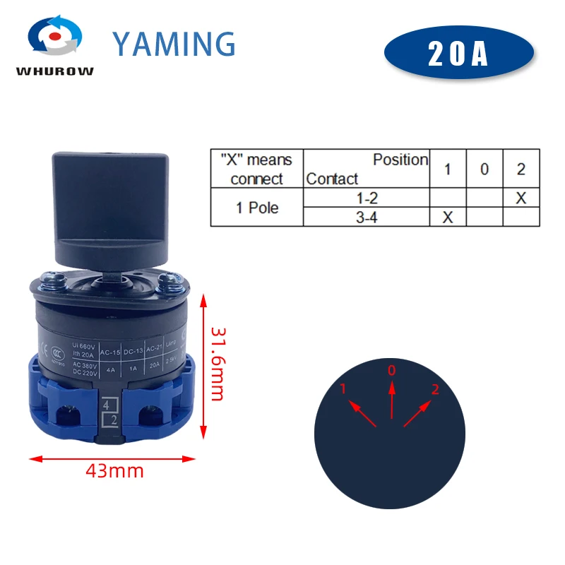 Screw Mounted 20A Cam Switch ON-OFF-ON 3 Position 8 Terminals 1-6 Layers Changeover Rotary Selector LW26-20 LW28 YMW26