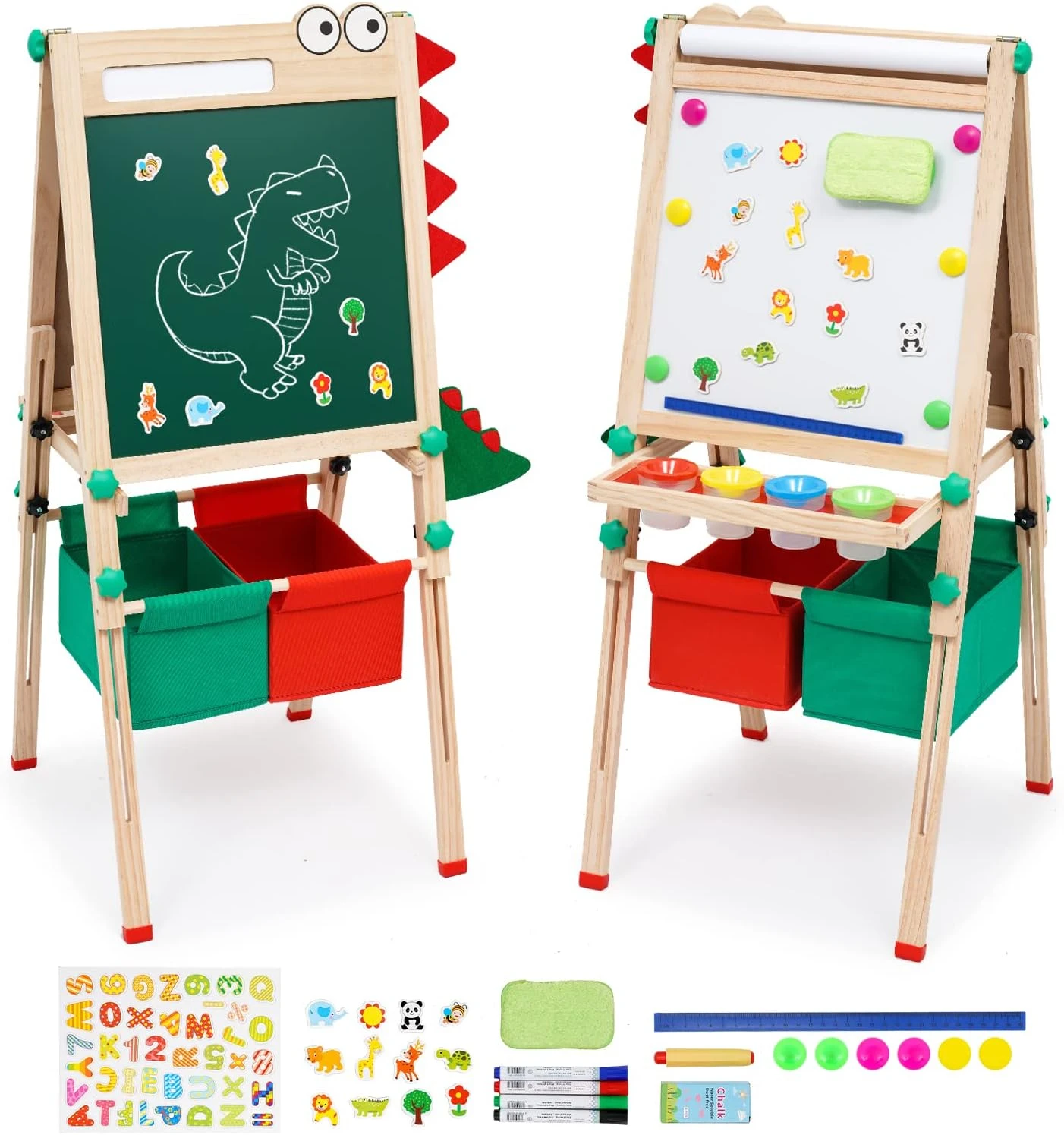 Kid Easel with Storage Double-Sided Whiteboard & Chalkboard Standing Easel with Paper Roll Accessories