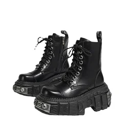 2026 Autumn and Winter New Dark Punk Metal Lace-up Women's British Style Raise the Bottom Zipper Machine Car Boots