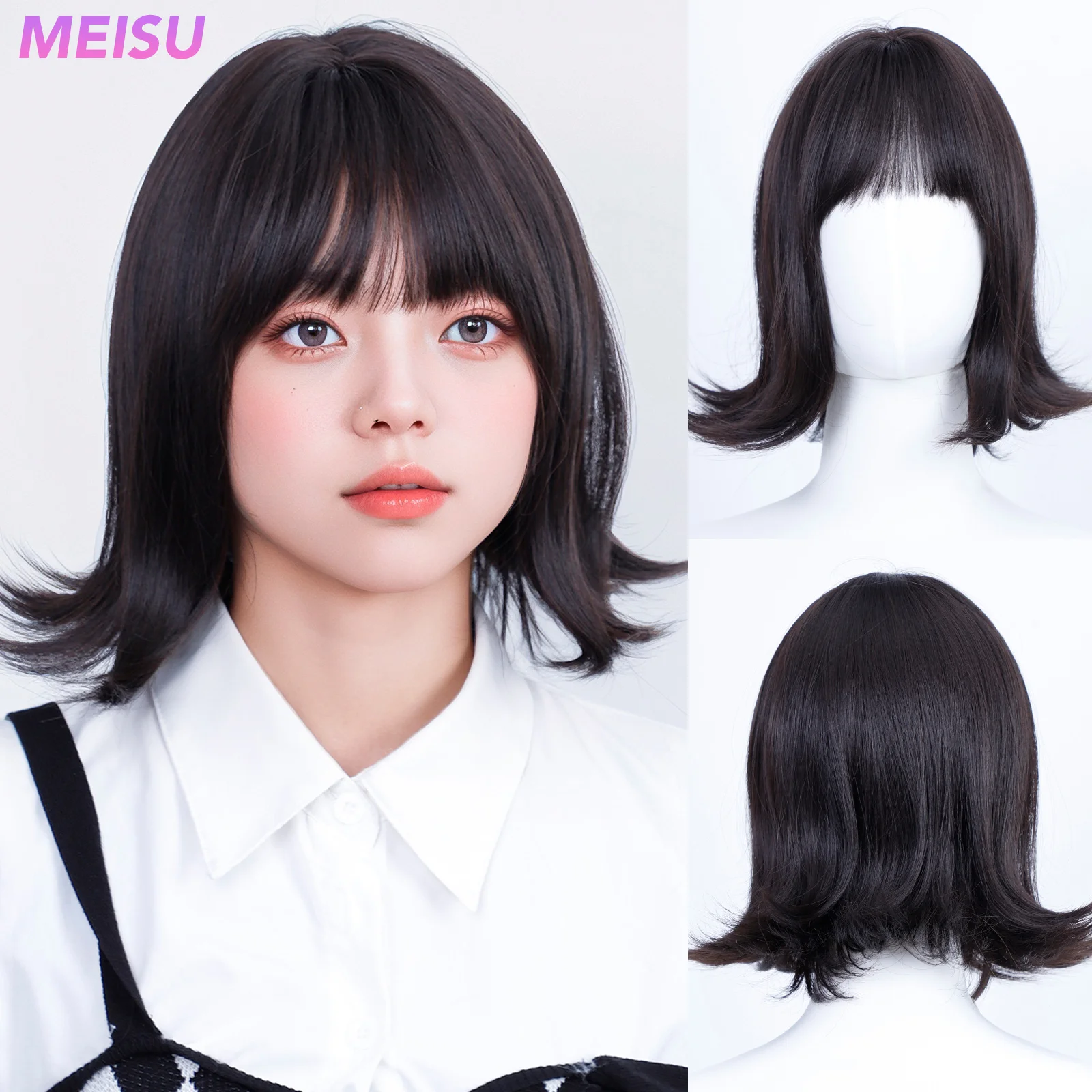 

MEISU Bob 12 Inch Short Black Stairght Bangs Wig Mullet Fiber Synthetic Heat-resistant Non-Glare Natural Cosplay Daily For Women