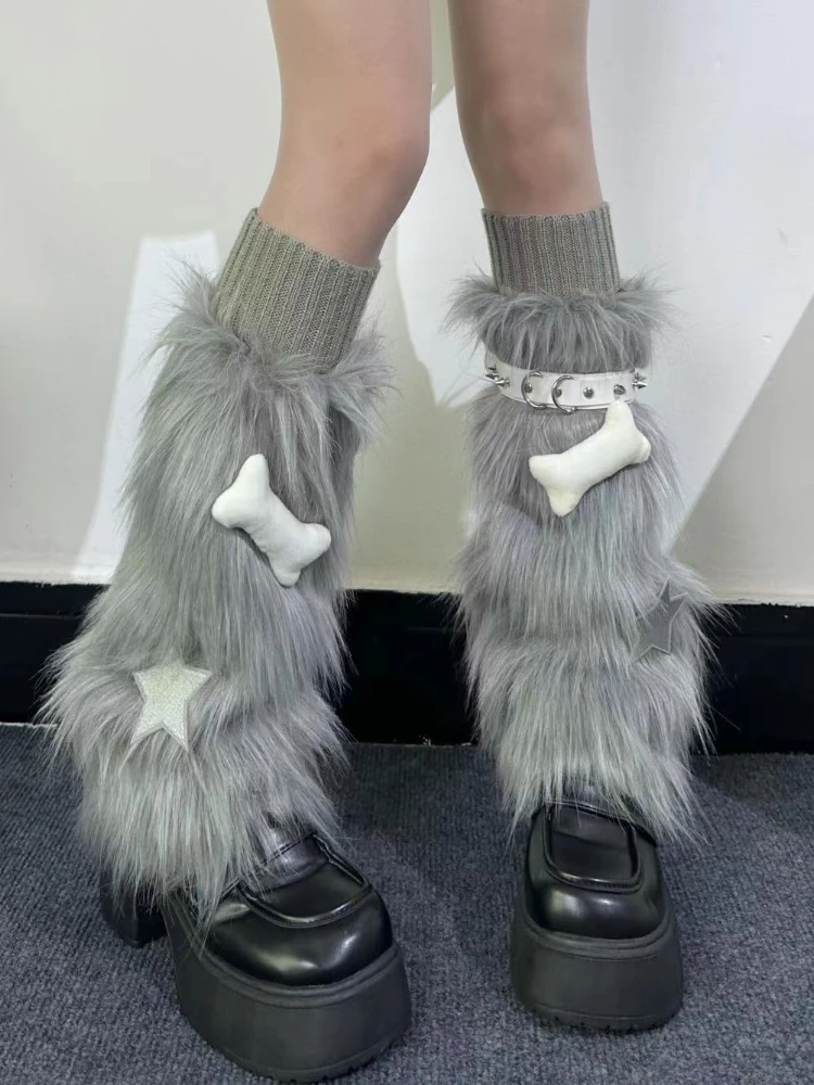 Y2k Faux Fur Leg Warmers Boot Covers Goth Grunge Fashion Women Knee High Boots Harajuku Fluffy Cute Star Socks 3-częściowe zestawy