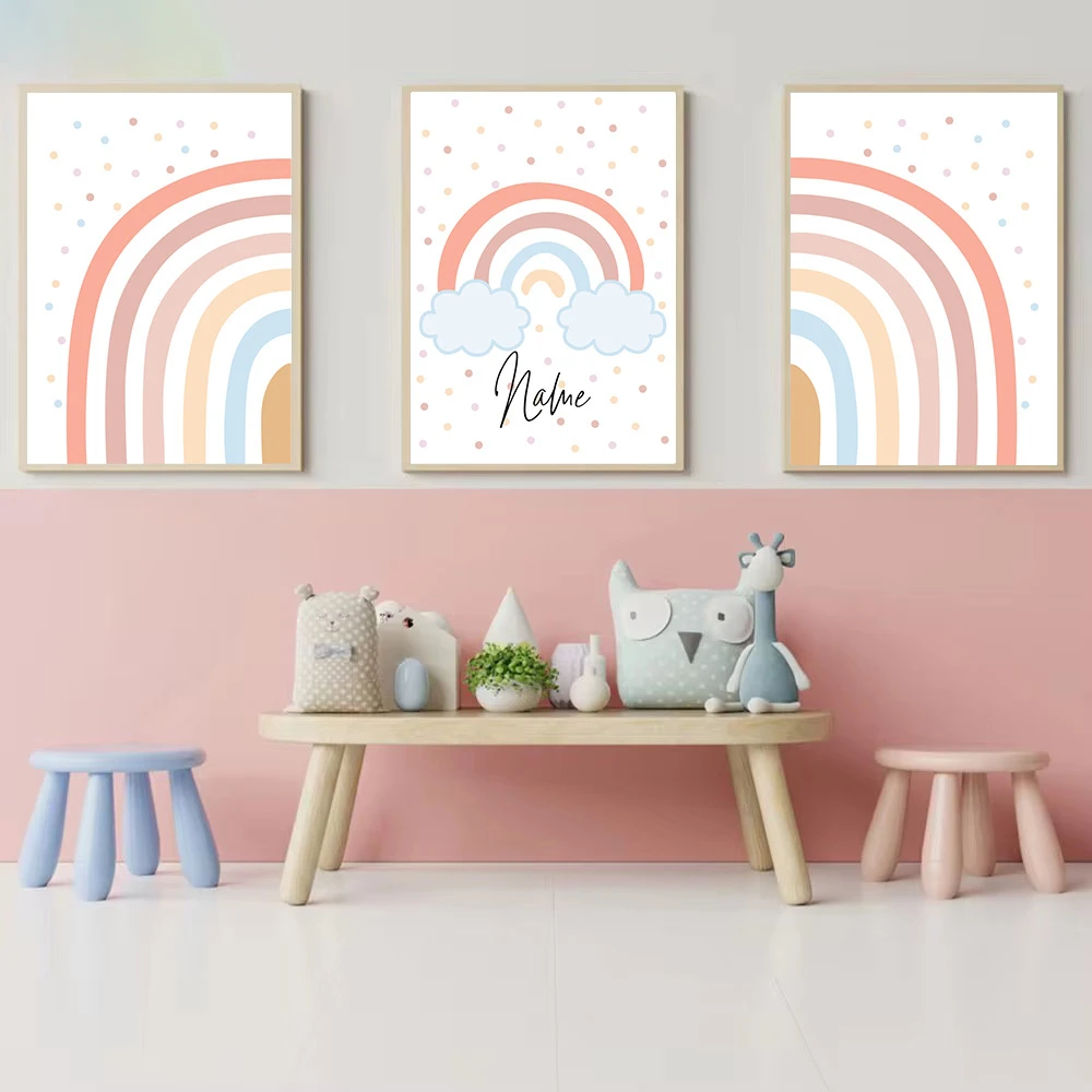 Pink Rainbow Dots Poster Painting Baby Custom Name Canvas Wall Art Print Nursery Poster Nordic Wall Pictures Girls Room Decor