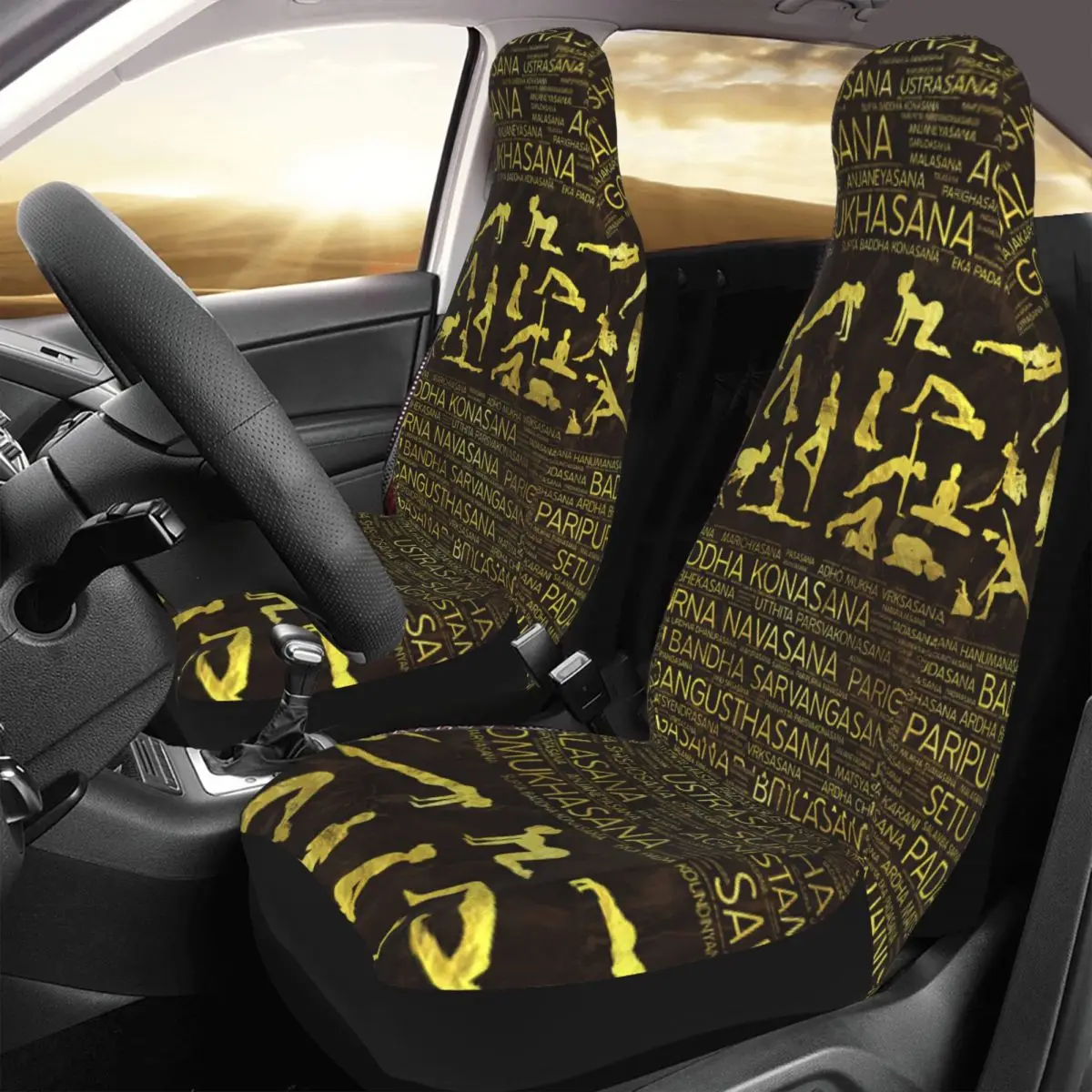 Gold Yoga Asanas,Poses Sanskrit Word Art Car Seat Cover Custom Printing Universal Front Protector Accessories Cushion Set