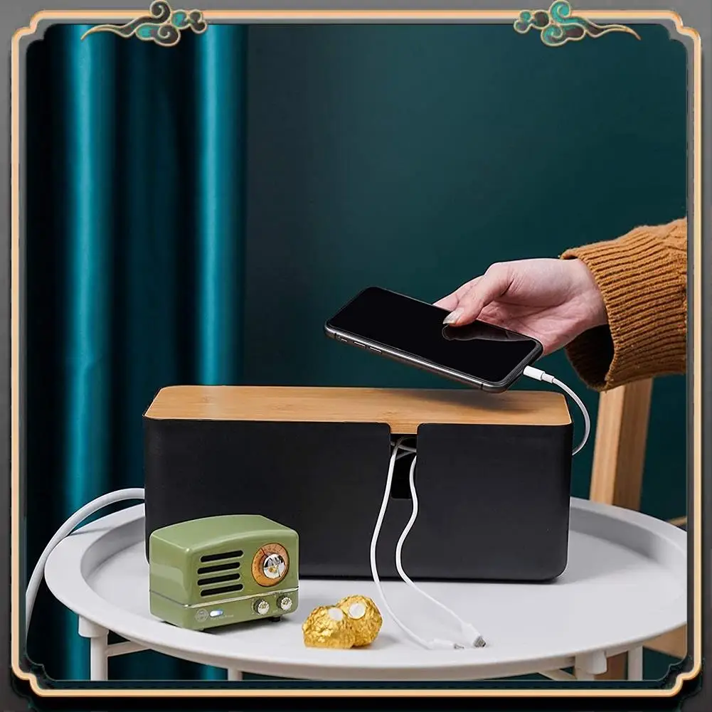 

ASMA-Cable Management Box With Bamboo Lid Small Cable Organizer Box For Extension Cord Power Stripe Surge Protector