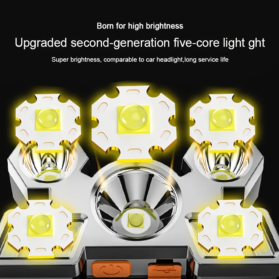 1/2pc 5LED Rechargeable Head Flashlight for Fishing Led Headlamp Nitecore Camping Headlights Hunting Torch Hiking Front Lanterns