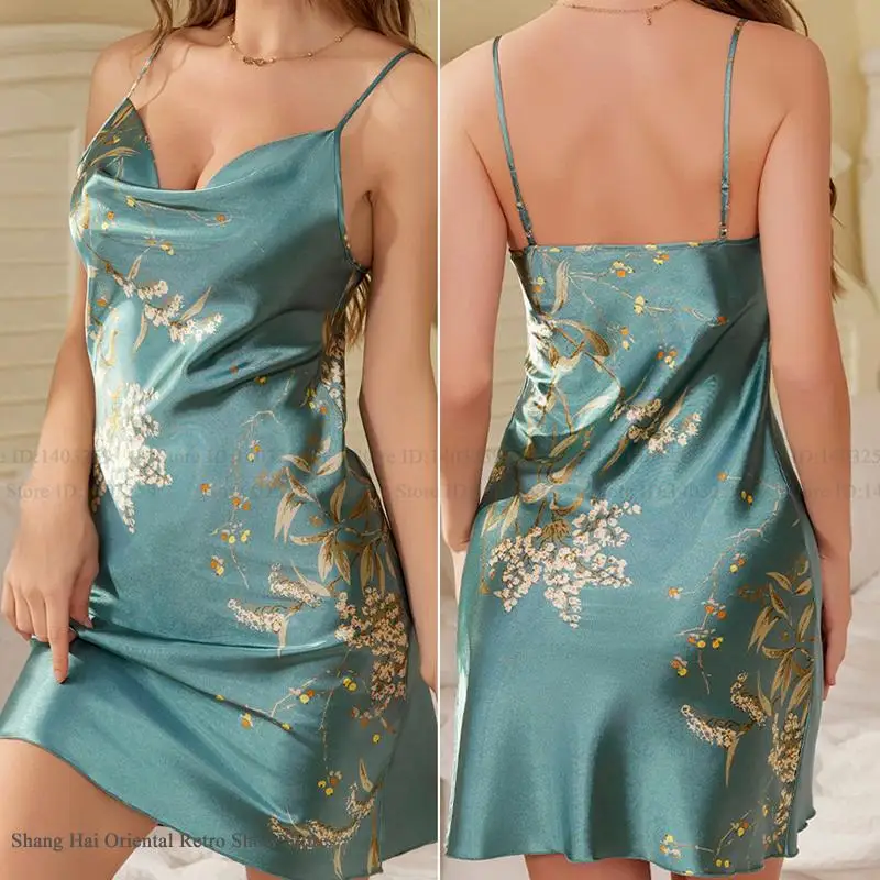 

Sexy Female Nightgown Chemise Sleepwear Mujer Lingerie Print Flower Swing Collar Sleeveless Nightdress Sleepwear Rayon Homewear